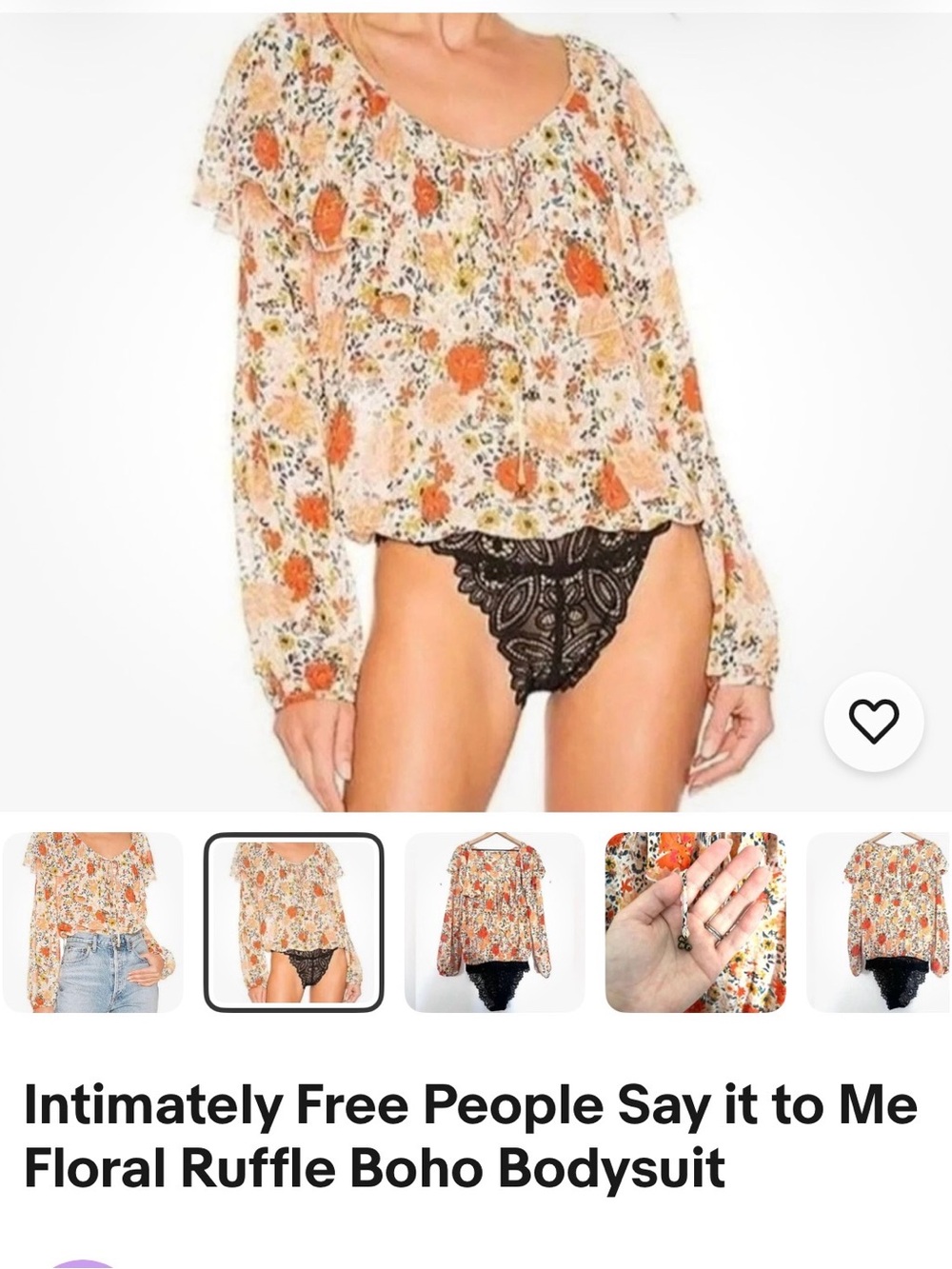 Free People Cream Floral Ruffle Boho Long-Sleeve Bodysuit